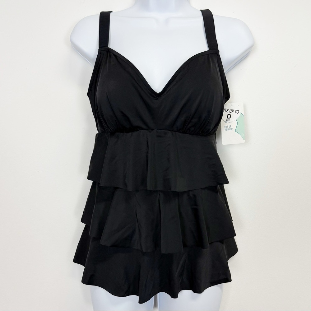 Swim Solutions Tankini Top Womens 10 Black Layered Bust Support nwt
